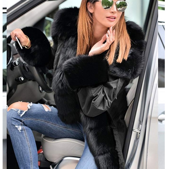 Black Winter Thicken Faux Fur Hooded Plus - Picture 2 of 3